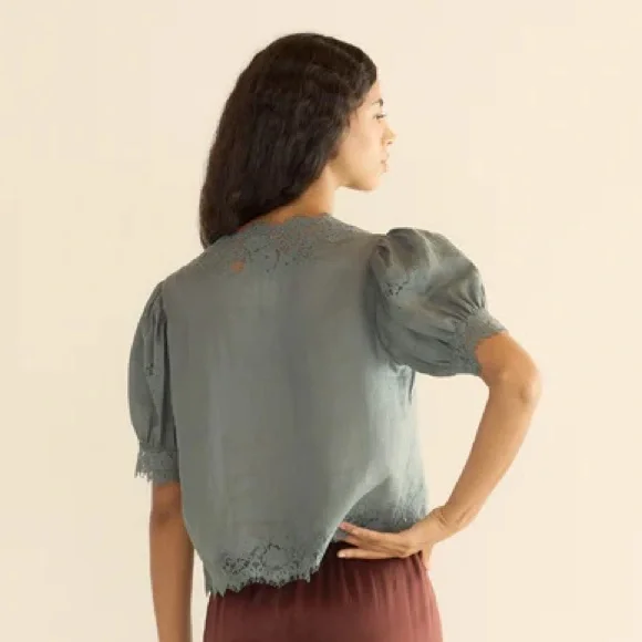 NWT Doen Idella Ramie Lace V Neck Button Short Sleeve Blouse Top Lagoon Blue - Picture 4 of 14